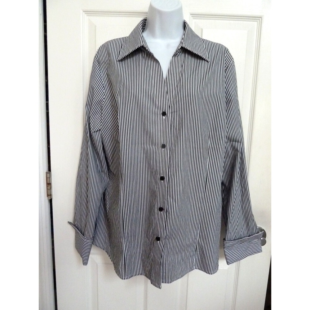 Worthington Womens Sz 18 Career Office Cuffed Blouse Gray White Stripe Stretch